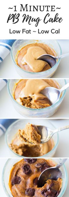 three pictures showing how to make peanut butter and chocolate pudding in glass bowls with spoons