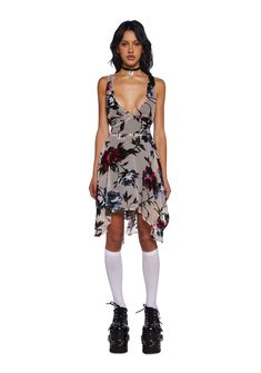 Current Mood Floral Print Handkerchief Hem Mini Dress - Off White – Dolls Kill Hankerchief Dress, 90s Platform Shoes, Grunge Clothing, Lace Up Leggings, Grunge Dress, Flowy Mini Dress, Plunge Neckline, Mesh Overlay, Handkerchief Hem