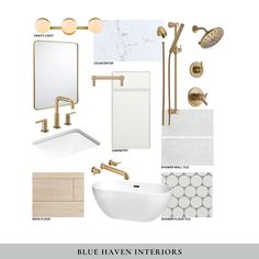 a bathroom with white and gold fixtures, marble counter tops, sink, mirror, faucet