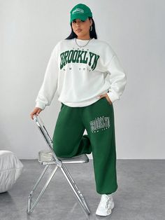 Dark Green Casual Collar   Letter  Embellished Slight Stretch  Women Plus Clothing Drop Shoulder, Plus Clothing, Sweatpants, Collar, Sweatshirts, Clothes