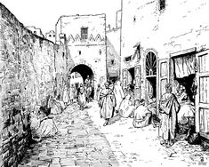 black and white drawing of people walking in an alley