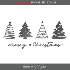 three christmas trees with the words merry christmas in black and white, on a white background