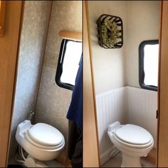 two pictures show the inside of a small bathroom