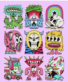 various stickers on a pink background with an image of monsters and other cartoon characters