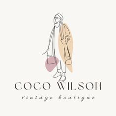 the logo for coco wilson vintage boutique, featuring an image of a woman with a handbag