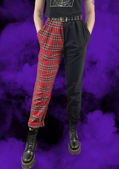 These stylish Tartan Split Trousers are perfect for a professional look. Made with a tartan-print cotton blend and elastic waist, the design features a split trouser leg and a sleek black colour for an added touch of sophistication. Durable and comfortable, these trousers make an ideal wardrobe staple. Size Guide: UK 6 - Waist 25 inches, Hips 34 inches  UK 8 - Waist 26 inches, Hips 35-36 inches  UK 10 - Waist 28 inches, Hips 37-38 inches  UK 12 -  Waist 30 inches, Hips 39-40 inches  UK 14 - Waist 32 inches, Hips 41-42 inches UK 16 - Waist 34 inches, Hips 43-44 inches  UK 18 - Waist 36 inches, Hips 45-46 inches  Please note that items are made to order and can take 2-3 weeks to be made and shipped. Grunge Pants For Fall, Plaid Cotton Pants For Streetwear, Stretch Grunge Pants For Alternative Fashion, Grunge Fitted Trousers, Gothic Cotton Streetwear Bottoms, Gothic Cotton Bottoms For Streetwear, Alternative Style Stretch Pants For Fall, Trendy Plaid Cotton Pants, Trendy Cotton Bottoms For Cosplay