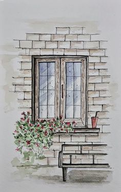 a watercolor painting of a bench and window with flowers in the pot on it