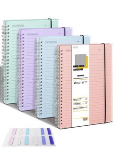 five notebooks with different colored pages on each side and one in the middle, all lined up