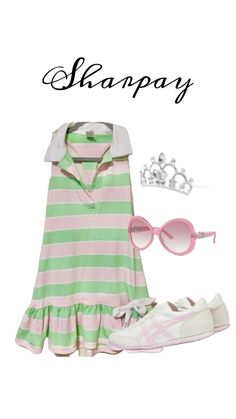 a green and white striped dress with pink shoes, sunglasses and tiara on it