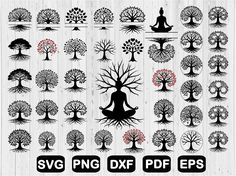 various tree silhouettes and symbols on white wood background with text saying svg png dxf eps