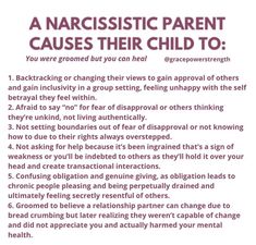 a poster with the words, a narcissistic parent cause their child to