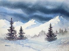 a painting of snow covered mountains with trees in the foreground and clouds in the background