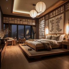 a large bed sitting inside of a bedroom on top of a wooden floor