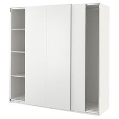 a white cabinet with two doors and shelves on each side, in front of a white background