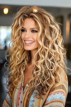 Dimensional Blonde Natural Curly Hair, Multi Textured Perm Before And After, Perm On Blonde Hair, Lainey Wilson Hairstyles, Curly Haircut And Color, Long Layers Curly Hair Face Framing, Large Spiral Perm, Long Blonde Hair With Layers Wavy, Body Waves Long Hair