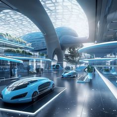 an artistic rendering of a futuristic car showroom with blue sports cars in the foreground