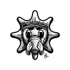 a black and white drawing of an elephant wearing a crown