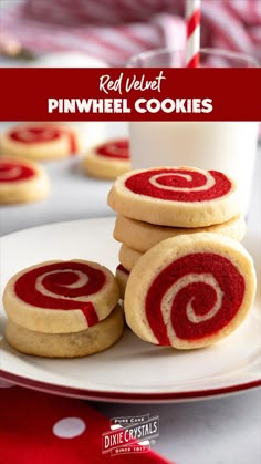 red velvet pinwheel cookies on a white plate