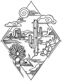 a cactus in the desert with mountains and clouds above it, as well as an outline drawing