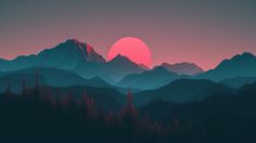 the sun is setting over some mountains with trees in front of it and red sky