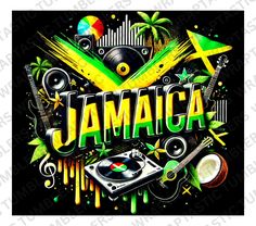 jamaica poster with music instruments and palm trees in the background, including an dj's turntable