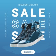 a pair of blue sneakers with the words sale up to 50 % off