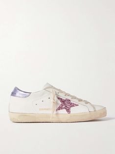 GOLDEN GOOSE Superstar glittered distressed snake-effect trimmed leather sneakers Customized Golden Goose, Golden Goose Gold Glitter, Golden Goose Yeah Sneakers, Golden Goose Gold Star, Golden Goose Metallic Sneakers, New York Outfits, Floaty Dress, S Signature, Golden Goose