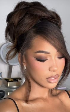 Up Dos Wedding Hairstyles, Hairstyle For High Neck Dress Formal, Bun Updos For Prom, Prom Hair From Front View, Bun Look, High Chignon, Up Dos For Long Hair Bridesmaids, Side Bangs Bun, Hairstyle For One Shoulder Dress Formal