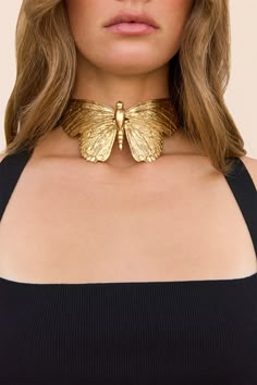 A butterfly brass choker necklace with open back closure. — Brass — Open back — Choker style Edgy Gold Jewelry, Unique Gold Necklace Designs, Schiaparelli Necklace, Cherry Costume, Black Butterfly Necklace, Bug Fashion, Choker Diy, Gold Necklace Choker, Brass Choker