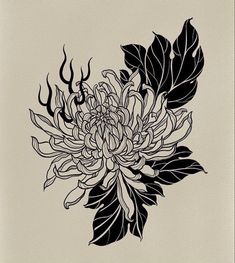 a black and white drawing of a flower on a beige background, with leaves around it