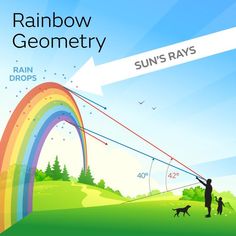 a man and his dog are flying kites in the sky over a rainbow - colored field