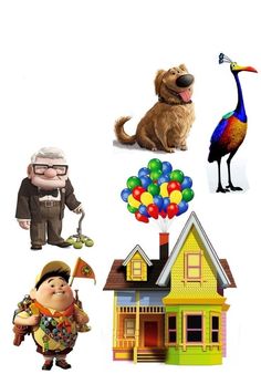 some cartoon characters are standing in front of a house and a bird, an ostrich