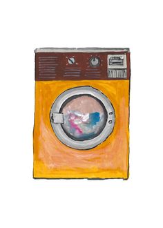 a drawing of an old fashioned washing machine with the door open, on a white background