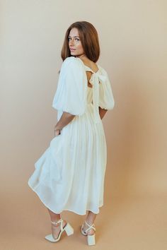 Billowy Long Sleeve Midi Dress With Smocked Cuffs, White Puff Sleeve Billowy Midi Dress, Chic Flowy Off-white Midi Dress, Flowy V-neck Midi Dress With Smocked Back, Billowy White Midi Dress With Gathered Sleeves, Free People Swim, Maxi Tops, Bridal Shower Dress, White Floral Dress