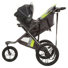 a baby stroller with wheels and seat in grey, yellow and black color scheme