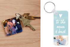 a keychain with two photos attached to it next to a photo of a woman and a horse