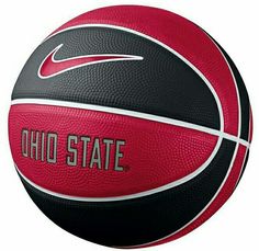 a red and black basketball with the word ohio state written on it's side