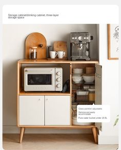 a white microwave oven sitting on top of a wooden shelf next to a coffee maker