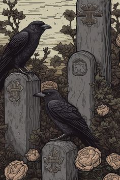 two black crows sitting on headstones with roses in the background