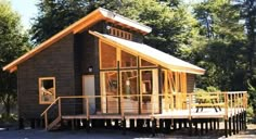 a small wooden cabin sitting on top of a body of water