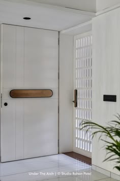 an open door in a white room with a potted plant