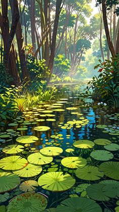 a painting of water lilies and trees in the woods with sunlight coming through them