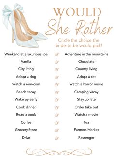 a poster with the words would she rather be in her wedding dress or bridal shoes?