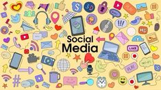 the word social media surrounded by many different types of icons and symbols on a yellow background