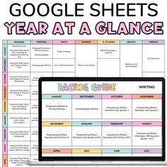 the google sheets year at a glance with text overlaying it and an image of a computer