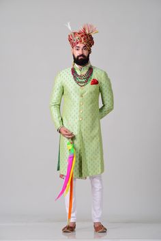 "Important Instrucitons : We request you to kindly calculate the processing time of your order after the mutual confirmation on Bespoke measurements between us has taken place (either via message , e mail or form) \"Crafted with Passion in India; loved by men across the USA, Canada, Europe\" Material: Brocade Color: Green Collar type: Mandarin , Sherwani with 7 Buttons Package contents: 1 Achkan + 1 Churidar/ Trouser Pajama Wash Care Instruction : Dry-clean only Achkans also known as Sherwanis w Achkan For Men, Mens Wedding Suits, Great Things Take Time, Kurta Style, Mens Attire, Indian Groom, Between Us, Silk Wedding, Wedding Suits Men