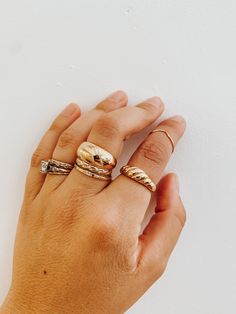 This cute statement croissant ring is sure to be your new favorite added to your stack. 18k titanium filled for extra durability Croissant Ring, Bubble Ring, Jewelry Collection, Bubbles, Stainless Steel, Ring, High Quality, Gold