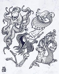 an ink drawing of mermaids and octopuses in various poses with their tails spread out