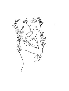 a black and white drawing of a woman holding flowers