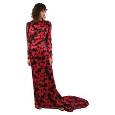 LOVE LALI Vintage A beautiful floor length silk gown in black, covered in red heart print from Lanvin Pre Fall 2012 which was the 10 year anniversary collection of Alber Elbaz Long sleeves Low V cut back with a zip that is concealed by ruffle detail which is also mimicked on the shoulders Sweeping train Made in France Composition: 100% Silk Size: FR 38 Measurements: Bust 36" up to 38" Waist 28" with some stretch Hip 36 -38" with some stretch Front length 65" Back length 87" Condition: In excelle Alber Elbaz, Silk Gown, V Cuts, Pre Fall, Lanvin, Heart Print, Silk Printing, Red Heart, Floor Length